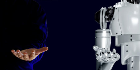 human hand with 3D robotic render  isolate on blue background copy space
