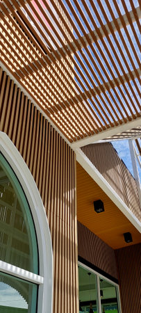 wooden slat geometric square shape exterior design decoration contemporary style minimal abstract backgroundの写真素材