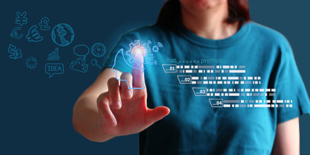 woman chat with AI design prompt order atificial intelligence using algorithm working on daily , technology conceptの写真素材