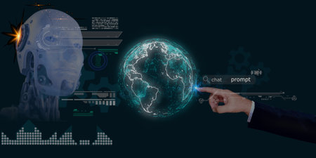business man chat with AI maing prompt  order aitificial intelligence designed algorithm for business worldwild , AI techbology conceptの写真素材