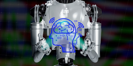 robotic render working with  human making new idea in business , artificial intelligence development for people of many ages for everday ,  technology conceptの写真素材