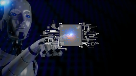 robotic hand with technology digital element icon isolate on blue.Verifying the identity of...