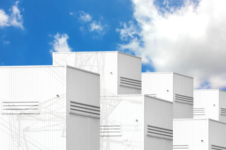 gray color corrugated metal wall with ventilation vents of warehouse factory against blue sky white...