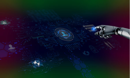 robotic hand touching technology digital element icon artificial intelligence control security...