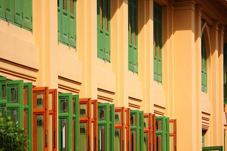 group of object. wooden windows frame retro design in an old buildingの写真素材