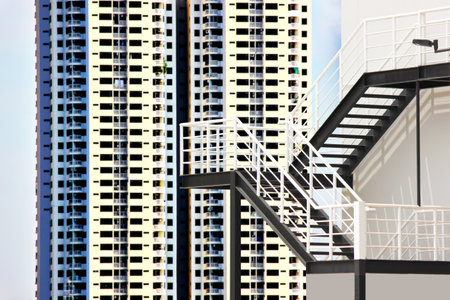 steel stairs install out side building with high  building geometric design abstract pattern minimal styleの写真素材
