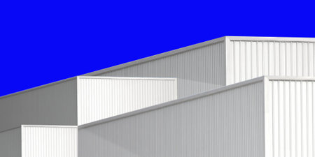 silver corrugated metal box square shape perspective view. geometric design corrugated texture line pattern abstract background against blue backgroundの写真素材