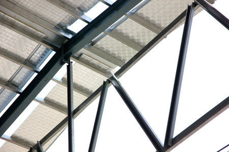 steel roof beam with roof heat - insulating meterials installed.の写真素材