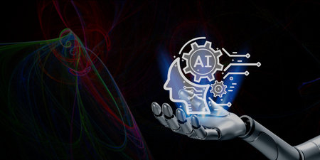 technology digital icon on robotic hand.The advent of AI is changing the business model from...