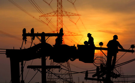 silhouette group of electric worker on crane with the high voltage electric pole  background