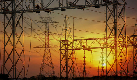 the high voltage electric pole pass in country side to power converter station sunset nature...
