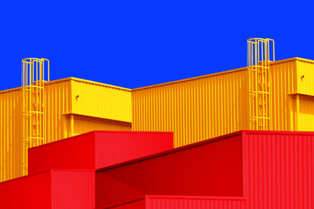 architecture design square shape corrugated wall geometric building. The factory warehouse is...