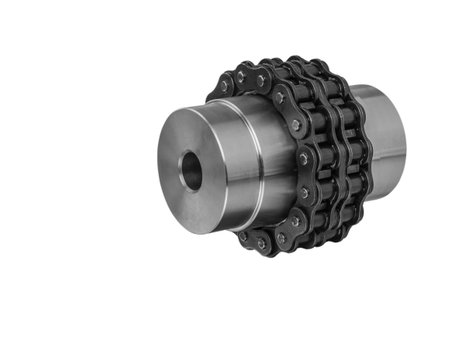 Chain gear is driven by an electric motor for industrial use on white backgroundの写真素材