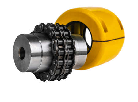 Chain gear is driven by an electric motor for industrial use on white backgroundの写真素材