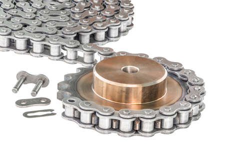 Chain gear is driven by an electric motor for industrial use on white backgroundの写真素材