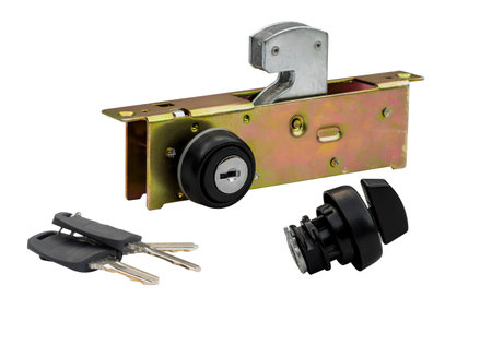 Aluminum glass door lock set Separated parts with key to take close-up photos on a white backgroundの写真素材