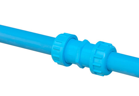 PVC pipe fitting union PVC13.5 size 25mm.(1") blue on white background.の写真素材