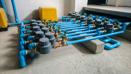 Tap water meter Gray color, installed and arranged in a beautiful order.の写真素材