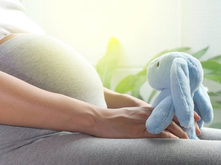 Pregnancy concept. Pregnant woman is playing the rabbit doll in her hand.の写真素材