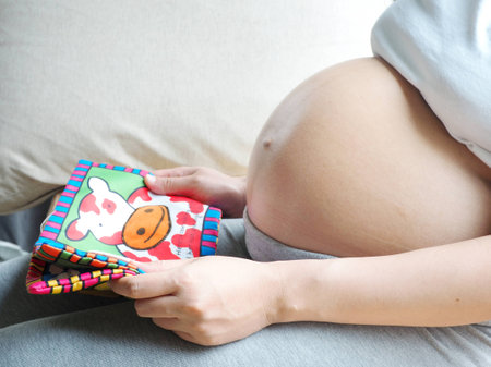 Pregnancy concept. Pregnant woman holding fabric book in her hand.の写真素材