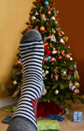 Picture of a sock in front of the christmas tree.