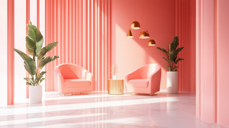 Pink living room interior with armchairs and plant. 3D Renderingの素材
