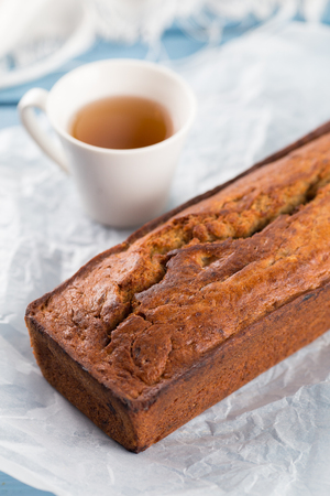 Fresh homemade banana bread  with cup of teaの写真素材