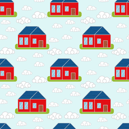 Red town houses. Seamless pattern. With blue roofのイラスト素材