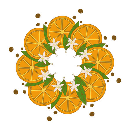 Round frame with oranges and leaves space for textのイラスト素材