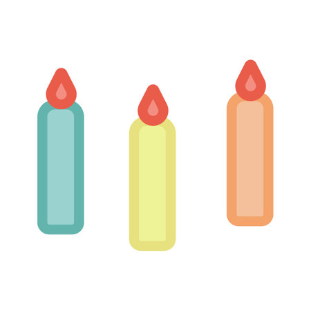 Multicolored wax candles with flame. In flat styleのイラスト素材