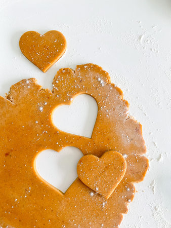 The process of cooking heart cookies. Top view rawの写真素材