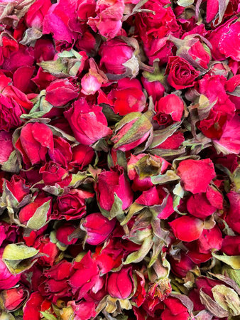 Dried roses as background. Red roses, close-up.の写真素材