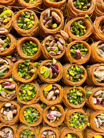Oriental sweets close up. Baklava with pistachios. Turkyeの写真素材