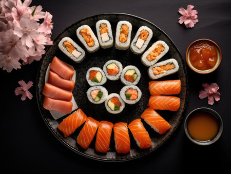 Sushi set on black background. Sushi rolls with salmon. Top view. AI generatedの素材