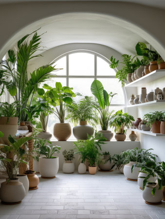 Beautiful green plants in pots on the shelves in room with window. AI generationの素材