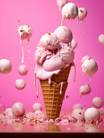 Floating ice cream in a waffle cone on a pink background. AI generationの素材