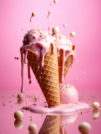 Ice cream in waffle cone with splash and drops on pink background. Ai generationの素材