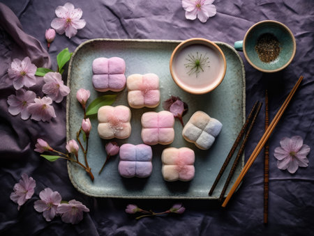 Traditional japanese dessert . Glutinous rice cake with sakura flowers. Moti. Aiの素材