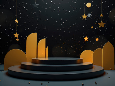 abstract geometric composition, black podium and starry night with moon. aiの素材