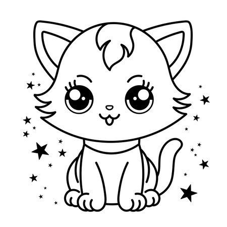 Cute cat coloring page for kids. Cartoon fluffy cat illustration.のイラスト素材