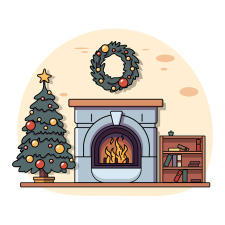 Cozy Christmas interior. Christmas tree and a fireplace stand by the brick wallのイラスト素材