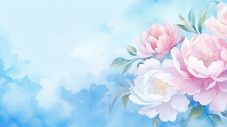 AI generation. Hand drawn illustration with peony flowers on blue background.の素材