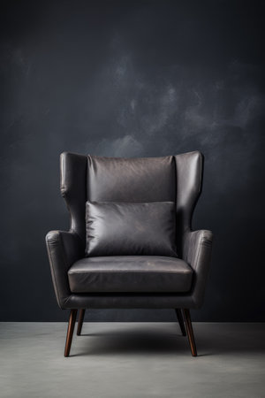 AI generation. Black leather chair against a black wall.の素材
