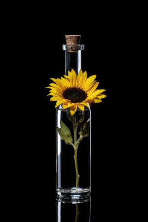 Ai generation. Delicious olive oil in a glass bottle and sunflower flower withの素材