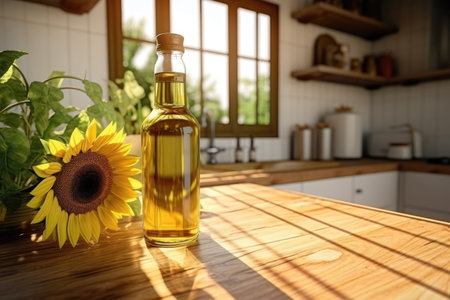 Ai generation. Bottle of sunflower oil and yellow flowers on wooden table inの素材