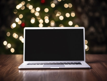 AI generation. An open laptop stands on a table near the New Year tree. Blackの素材