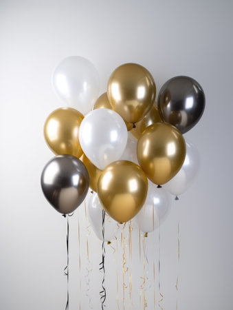 AI generation. White, black, gold and silver balloons and confetti on whiteの素材