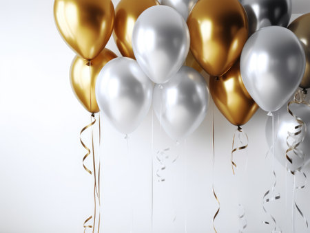 AI generation. White, gold and silver balloons on white background. Holiday andの素材