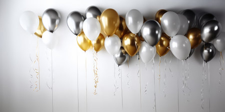 AI generation. White, black, gold and silver balloons and confetti on a whiteの素材