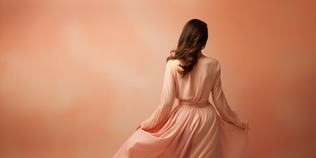 Ai generation. Young woman in long dress on peach background. Back view. Fashionの素材